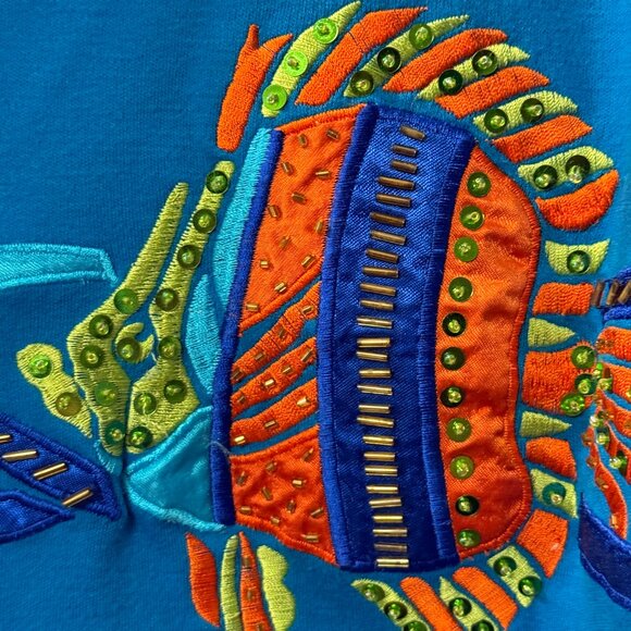 Victoria Harbour Vintage XL Blue T-Shirt Embroidered Sequin Fish Ocean Tropical - Picture 5 of 9